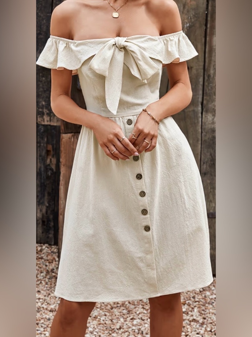 Cupshe BowTie Off-Shoulder Beige Linen-Blend Midi Dress